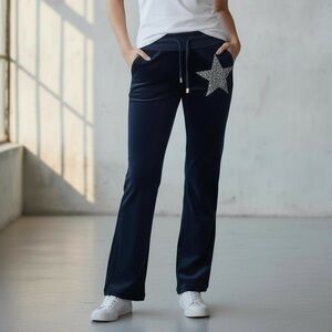 TWISTED‎ HEART Dark Blue Joggers with Glitter Star Sequins Beaded Velour y2K